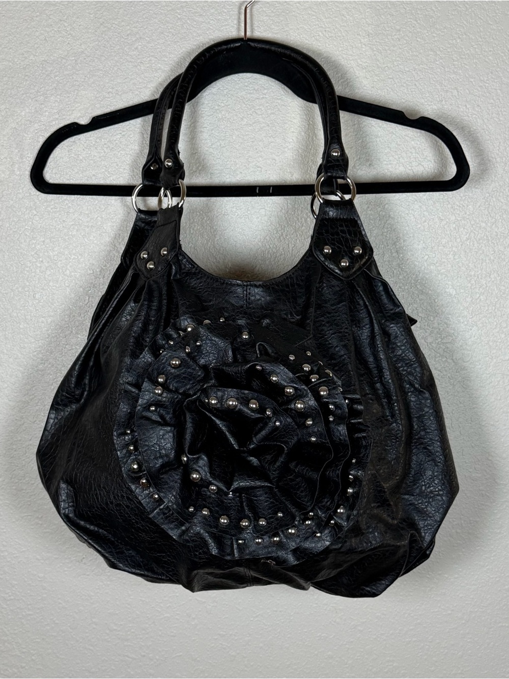 Y2K Style Black Faux Leather Hobo Bag Rosette 3D Studded Mall Goth Grunge Sleaze